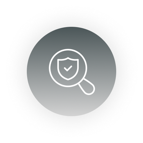 Magnifying glass icon with a shield and checkmark inside, symbolizing security or protection.