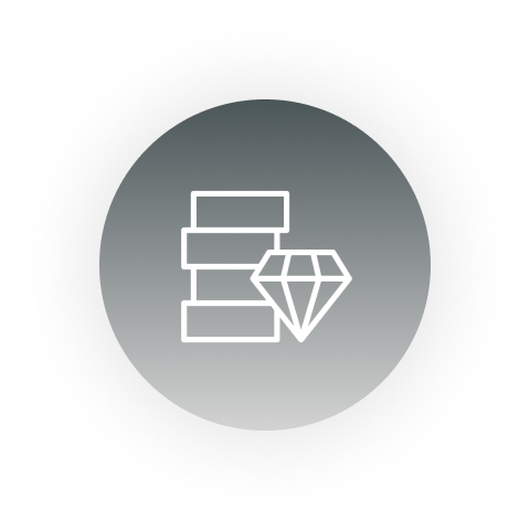 Icon of stacked coins with a diamond symbol in a circular gradient background.