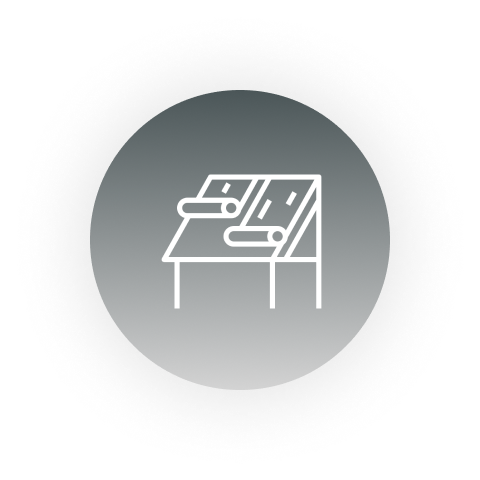 Icon of a desk with a chair and computer setup.