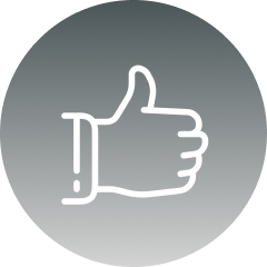 White thumbs up icon on a gray circular background.