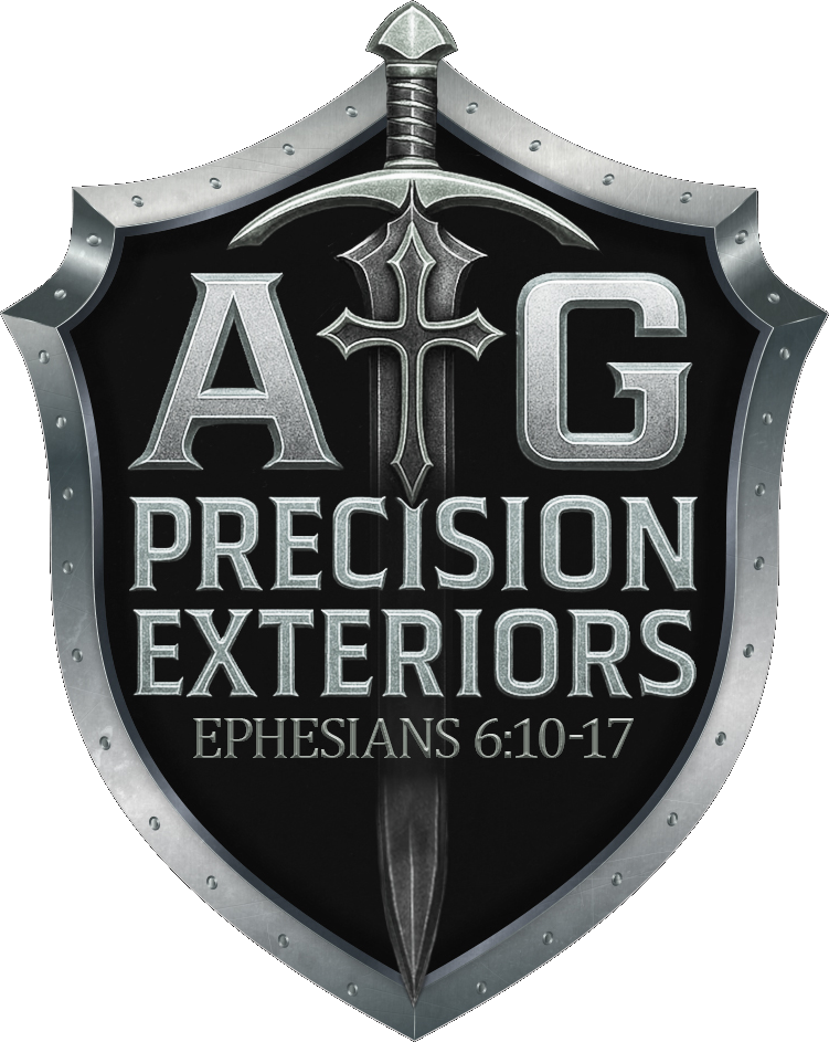 Shield logo with A&G Precision Exteriors and a Bible verse.